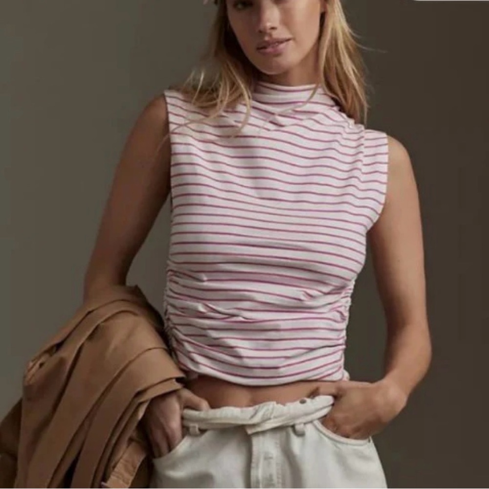 Anthropologie Pink & White Striped Mock Neck Tank